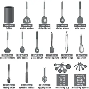 Silicone Kitchen Utensils Set, 25 Pcs Cooking Utensil With Holder, Heat Resistant Kitchen Tools With Stainless Steel Handle For Non-Stick Cookware, Turner Spatula Spoon Tong Brush Whisk, Red Grey