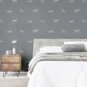 Arthouse Heritage Stag Grey/Silver Wallpaper