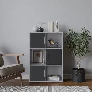 URBNLIVING 91cm Height 6 Cube Bookcase Grey Wood Black Door Metal Handle Display Storage Shelf