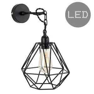 ValueLights Huber Satin Black Wall/Ceiling Light Fitting with Black Metal Cage Shade and 4w LED Bulb In Warm White