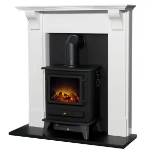 Adam Harrogate Stove Fireplace in Pure White & Black with Hudson Electric Stove in Black, 39 Inch