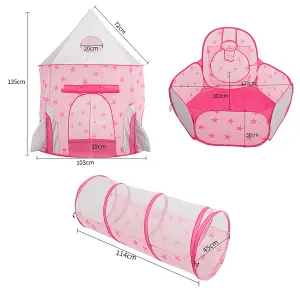 Livingandhome 3 in 1 Pink Kids Play Tent Pop up Rocket Tent Teepee Garden Toys with Crawl Tunnel and Ball Pit Playground