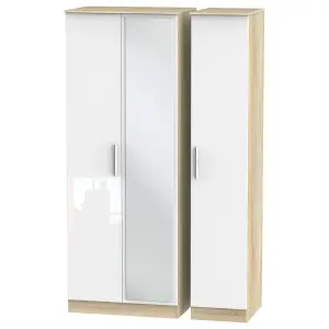 Trent Triple Mirror Wardrobe in White Gloss & Bardolino Oak (Ready Assembled)