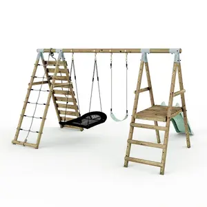 Limited Edition Rebo Wooden Double Swing Set with Slide plus Up and Over Climbing Wall - Quartz - Pastel Green