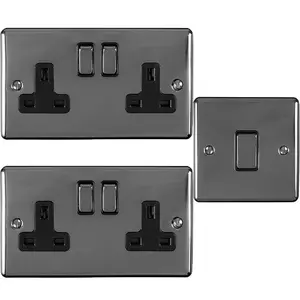 BLACK NICKEL Bedroom Socket & Switch Set - 1x Light & 2x Double UK Power Sockets