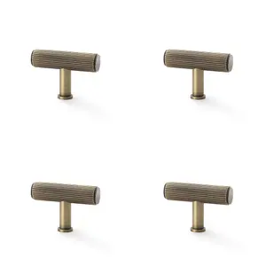 4 PACK - Reeded T Bar Cupboard Door Knob - 55mm x 38mm Antique Brass Lined Pull Handle