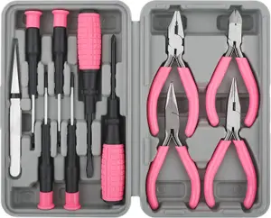 11pc Pink Compact Crafts & Home DIY Repair Hand Tool Kit Set With pliers, cutters, and precision screwdrivers