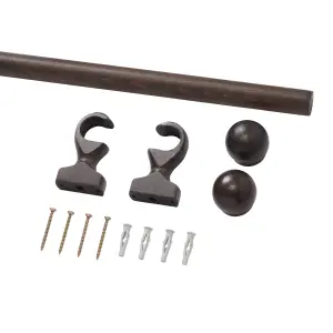 Satin Brown Walnut effect Non extendable Ball Single curtain pole set, (L)2m (Dia)28mm