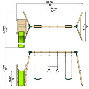 Rebo Wooden Swing Set plus Deck & Slide - Comet Green