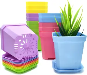 15 Pack Square Plant Pots with Trays - Durable, Colorful Plastic Pots with Drainage Holes for Indoor & Outdoor Gardening