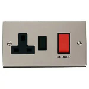 Pearl Nickel Cooker Control 45A With 13A Switched Plug Socket - Black Trim - SE Home