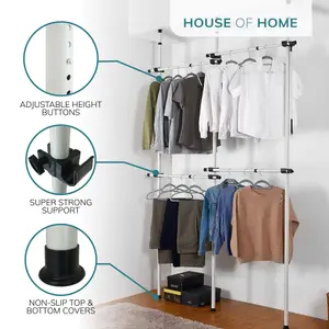 House of Home Double Telescopic White Wardrobe Organiser Hanging Rail Clothes Rack Adjustable Storage Shelving