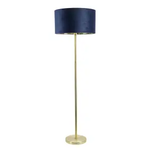 ValueLights Charles Gold Stem Floor Lamp with Navy Blue Velvet with Gold Inner Lamp Shade and LED Bulb