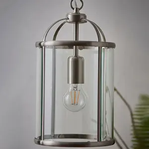 Hanging Ceiling Pendant Light Nickel & Glass Lantern Box Shade Lamp Bulb Holder