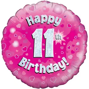 Oaktree 18 Inch Happy 11th Birthday Pink Holographic Balloon Pink/Silver (One Size)