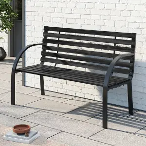 2 Seater Outdoor Black Wood Wrought Iron Garden Bench