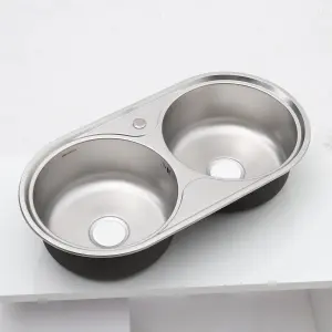 2 Bowl Round Catering Inset Stainless Steel Kitchen Sink and Drainer 860mm x 450mm