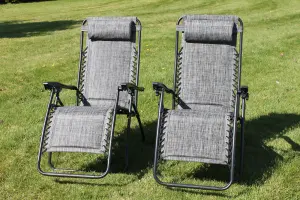 SET OF 2 Padded Garden Sun Lounger Relaxer Recliner Chairs in Grey Weatherproof Textoline