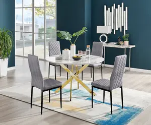 Furniturebox UK Novara White Marble Gold Leg 120cm Round Dining Table & 4 Grey Velvet Milan Black Leg Chairs