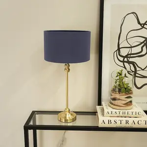 ValueLights Maggie Gold Metal Candlestick Slim Table Lamp with Navy Blue Fabric Drum Lamp Shade and LED Bulb