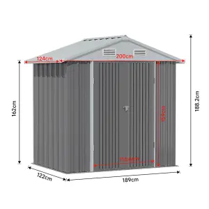 6 x 4 ft Apex Metal Shed Garden Storage Shed with Double Door,Grey