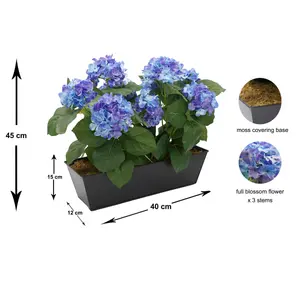 GreenBrokers Artificial Blue Hydrangea Flower in Black Tin Window Box (45cm)