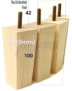 4 x SOLID WOOD FURNITURE FEET 100mm HIGH REPLACEMENT FURNITURE LEGS SOFAS CHAIRS STOOLS M8mm Raw