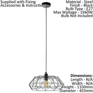 Hanging Ceiling Pendant Light Black Cage Shade 1x 60W E27 Hallway Feature Lamp