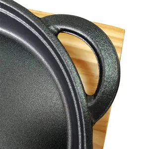 Cast Iron Steak Sizzler Cookware Backing Pot Skillet Grill Wood Serving Board