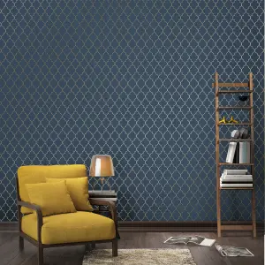 Grandeco Deco trellis Navy Metallic effect Geometric Embossed Wallpaper Sample