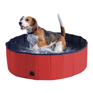 PawHut Pet Pool Swimming Bath Portable Cat Dog Foldable Puppy Bathtub Dia100 x 30H- Red