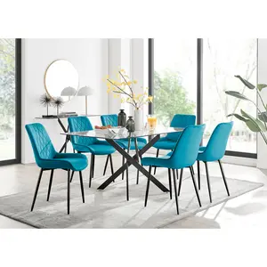 Lenworth Glass Rectangular Dining Table Set with 6 Luxury Velvet Chairs Black / Blue/Black