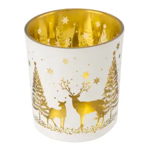 Small White Gold effect Christmas Woodland Scene Glass Tea light holder