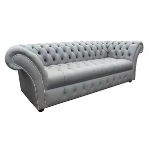 Chesterfield 3 Seater Buttoned Seat Silver Grey Leather Sofa Bespoke In Balmoral Style