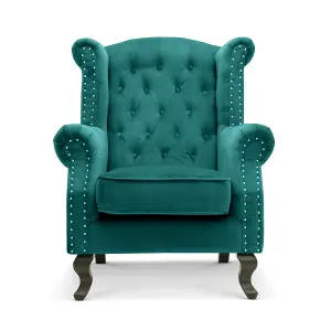 Velvet Wing Back Fireside Henley Chair Armchair with Buttons Teal Turquoise