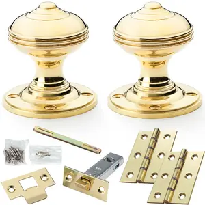 Mortice Door Knob & Latch Pack - Polished Brass - 50mm Classic Reeded On Round Rose