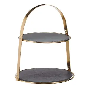 Artesa 2-Tier Brass Cake Display Serving Stand with Round Slate Platters Base