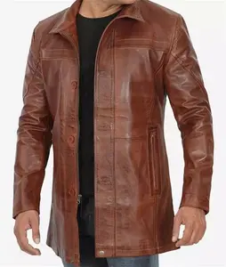 Mens Brown Leather Car Coat - 3/4 Length Leather Jacket