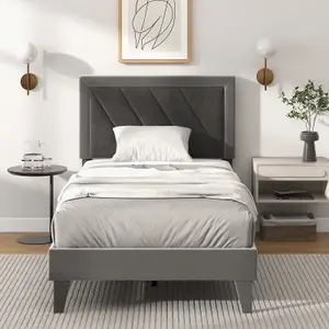 Costway Single Size Bed Frame Velvet Upholstered Platform Bed Slat with High Headboard