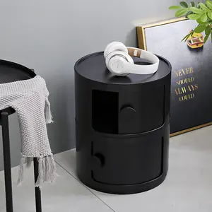 Black Round Multi Tiered Plastic Bedside Storage Drawers Unit Drawer Bedside Chest 40cm H