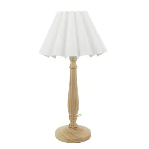 ValueLights Victoria Light Wood Candlestick Stem Table Lamp with White Scallop Tapered Shade and LED Bulb