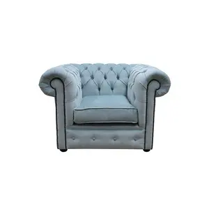 Chesterfield Low Back Club ArmChair Velluto Duck Egg Blue Real Fabric In Classic Style