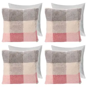 4 Pack Gingham Check Teddy Filled Fleece Soft Cushion Covers, Blush - 45 x 45cm