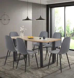 Hallowood Furniture Cullompton Large Dining Table (1.6m) with 6 Dark Grey Fabric Chairs