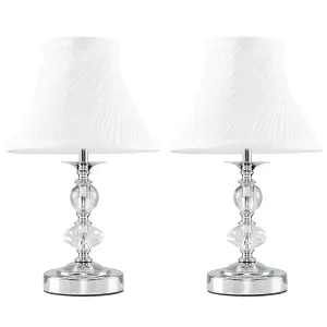 ValueLights Jaigier Pair of Chrome and Glass Touch Table Lamps with Pleated White Shades and LED Candle Bulbs In Warm White