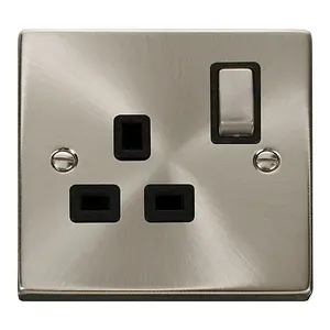 Satin / Brushed Chrome 1 Gang 13A DP Ingot Switched Plug Socket - Black Trim - SE Home