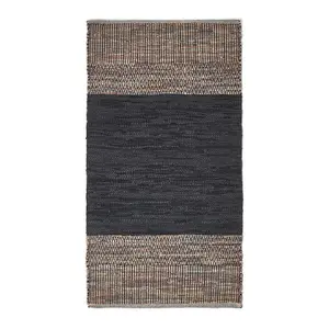 Homescapes Black Recycled Leather Handwoven Herringbone Rug, 90 x 150 cm