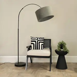 ValueLights Louis Black Arched Curved Floor Lamp with Grey Velvet Drum Lamp Shade and LED Bulb