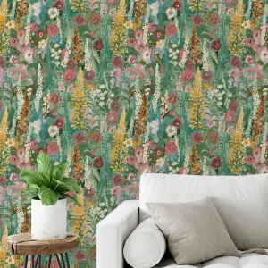 Grandeco Handpainted Delphinium Forest Floral Garden Textured Wallpaper, Green Pink