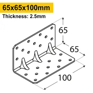 Pack of 4 - Heavy Duty Galvanised 2.5mm Thick Reinforced Angle Bracket Corner Brace 65x65x100mm